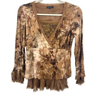 Panilli Y2K Goblincore Grunge‎ Bratz Floral Brown Lace Trim Long Sleeve Blouse